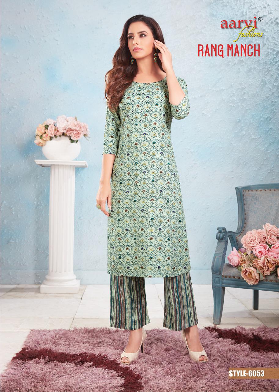 Aarvi Rang Manch Ethnic Wear Rayon Printed Kurti With Bottom Collection